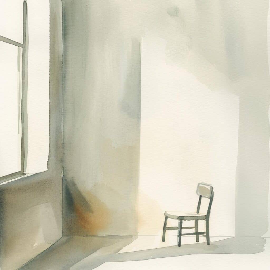 A lone chair near a window in an empty room