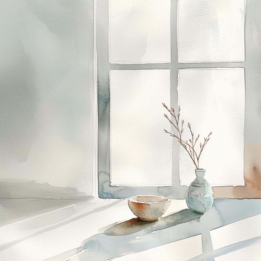Calm minimalist window scene with a vase and bowl, illustrating peaceful living and interior decor.