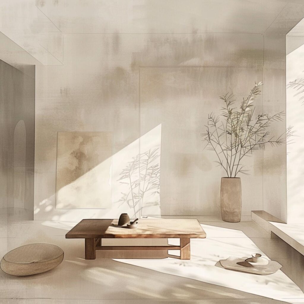 Serene minimalist interior with natural light, soft beige tones, and Zen-inspired decor.