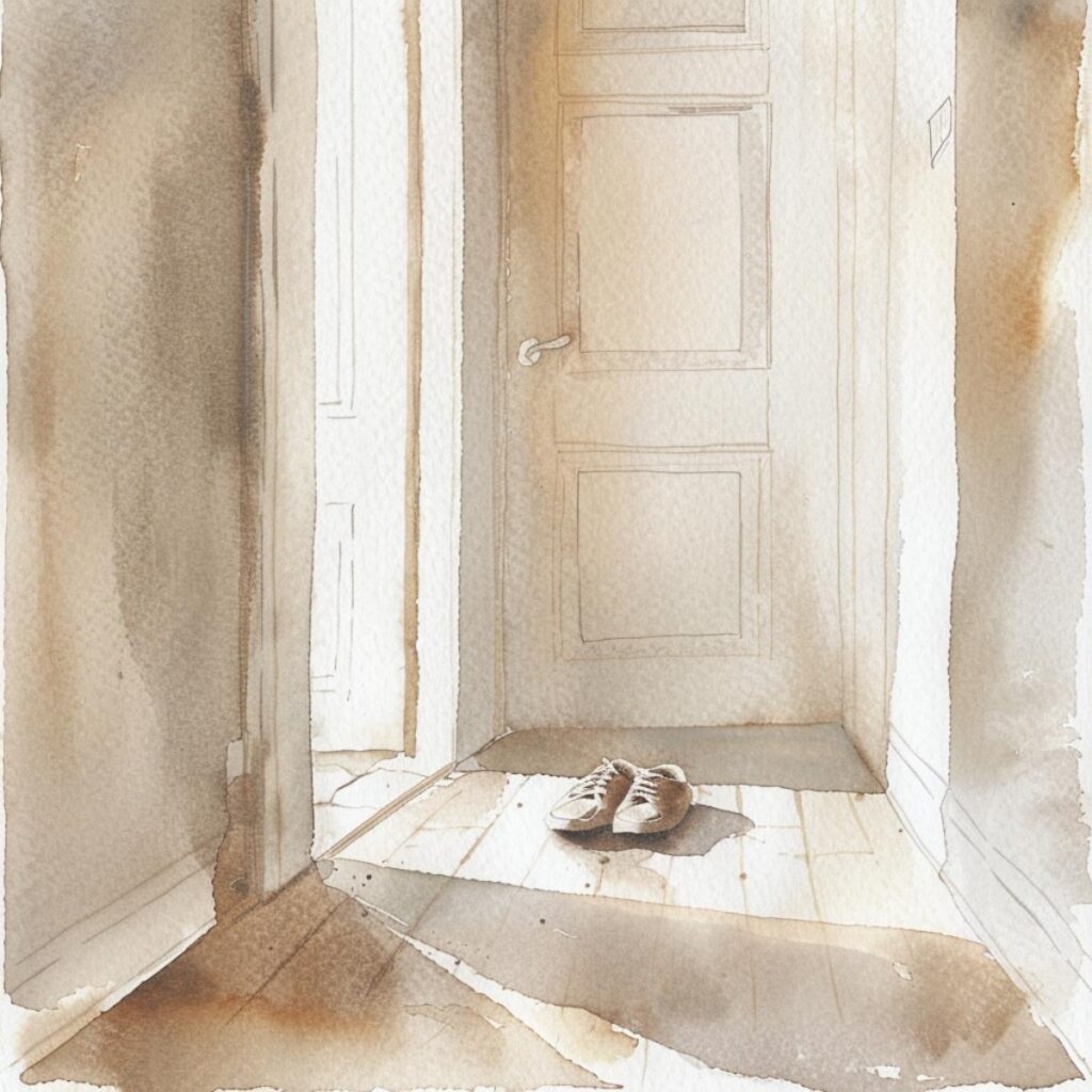 Quiet home entryway with cozy slippers, minimalist design, and warm natural tones.