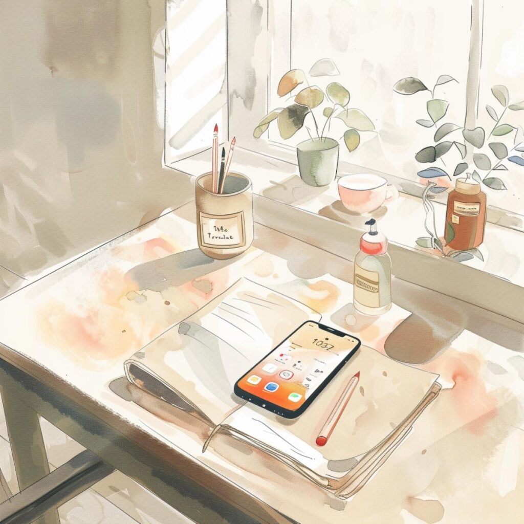 Cozy workspace with plants, phone, and stationery for minimalistic living and productivity.