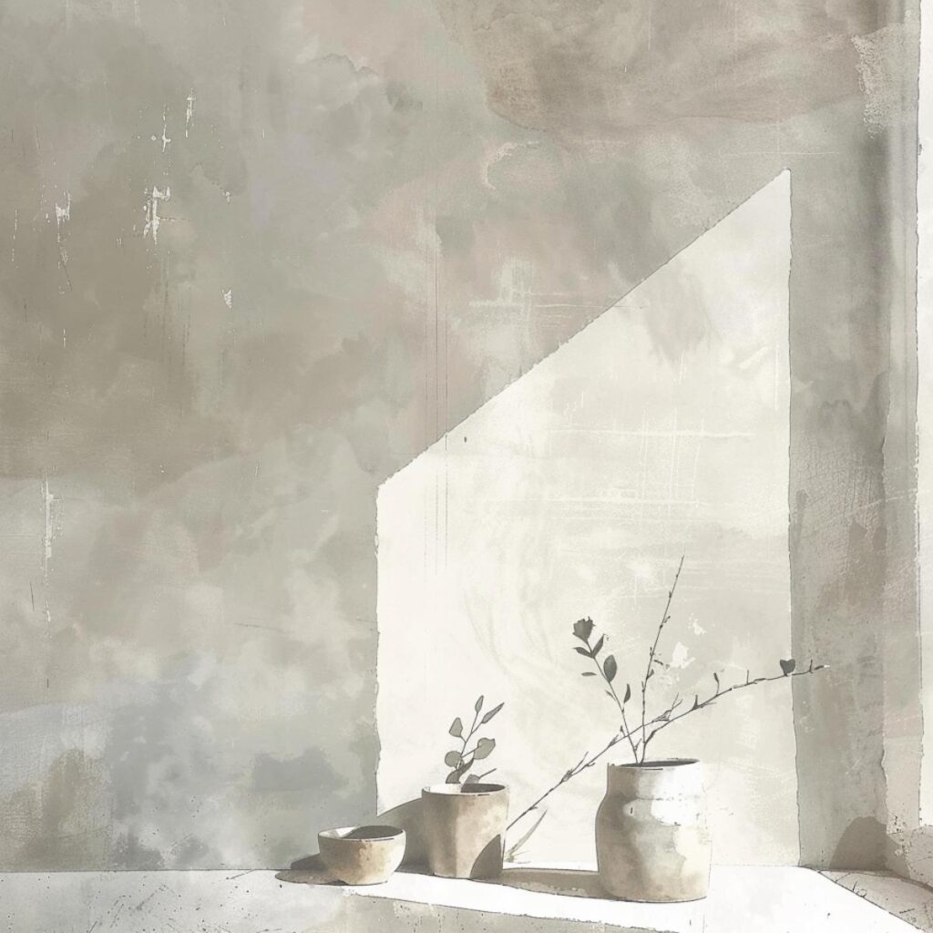 Aesthetic minimalist interior with pottery and sunlight casting shadows on a textured wall.