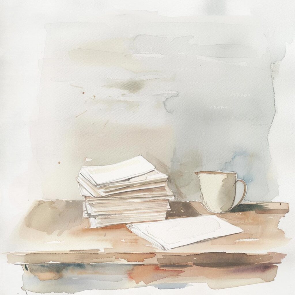 Stack of papers and mug on wooden surface, watercolor style.