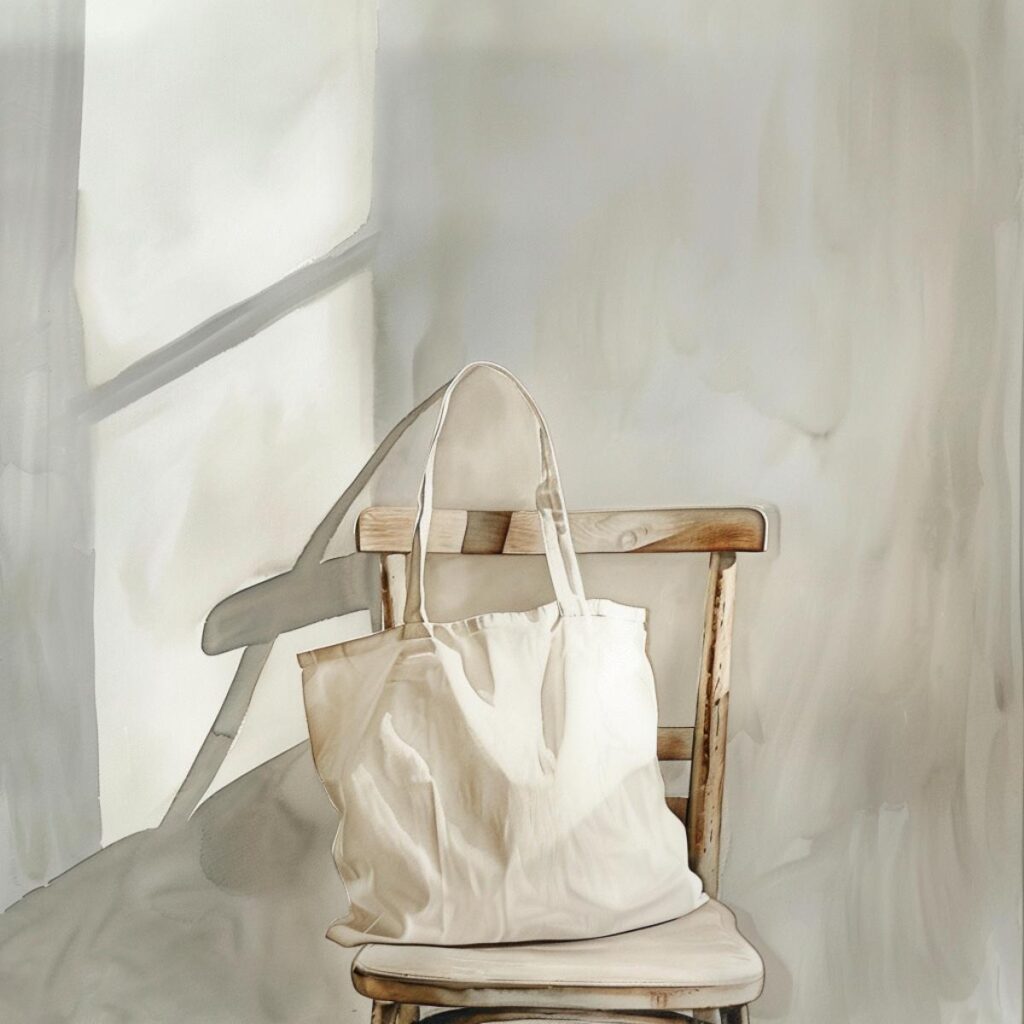 Minimalist tote bag hanging on wooden chair for sustainable living and decluttering.