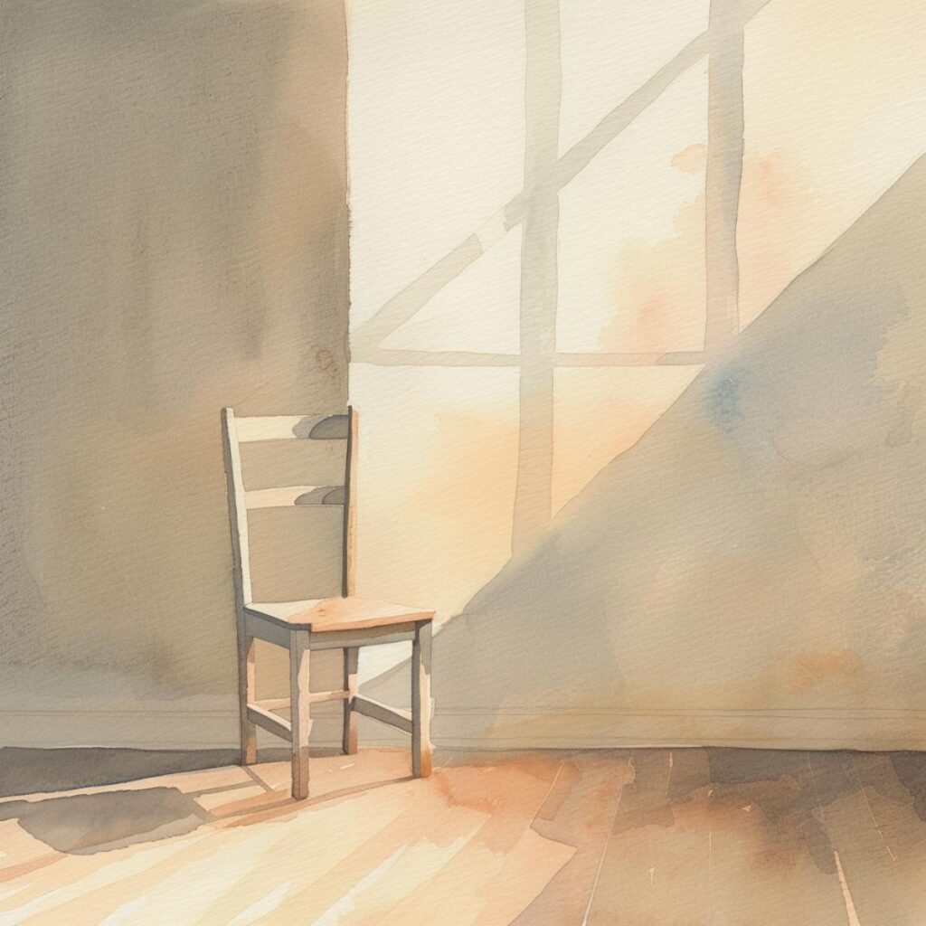 Minimalist wooden chair in cozy, sunlit room emphasizing simple living.