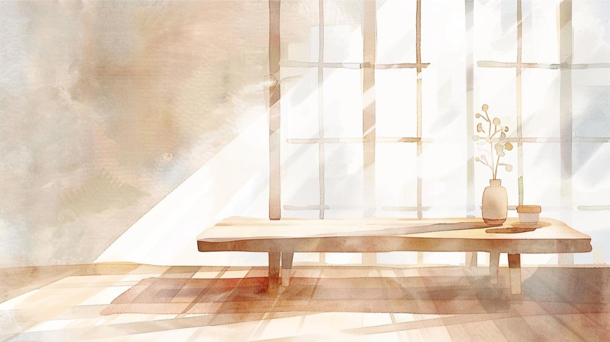 Simple minimalist living room with natural sunlight and wooden accents.