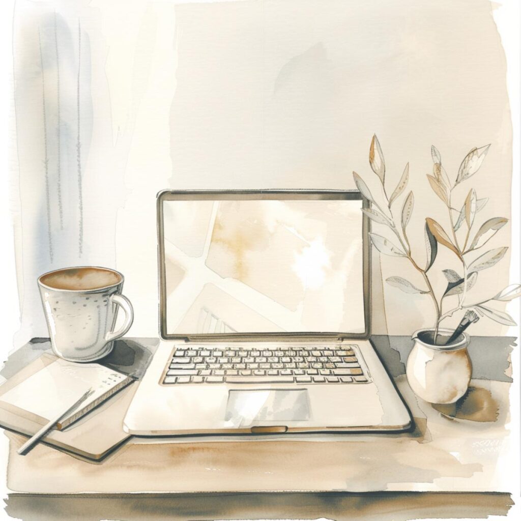 Calm workspace with laptop, coffee mug, notebook, and potted plant for minimalistic living.