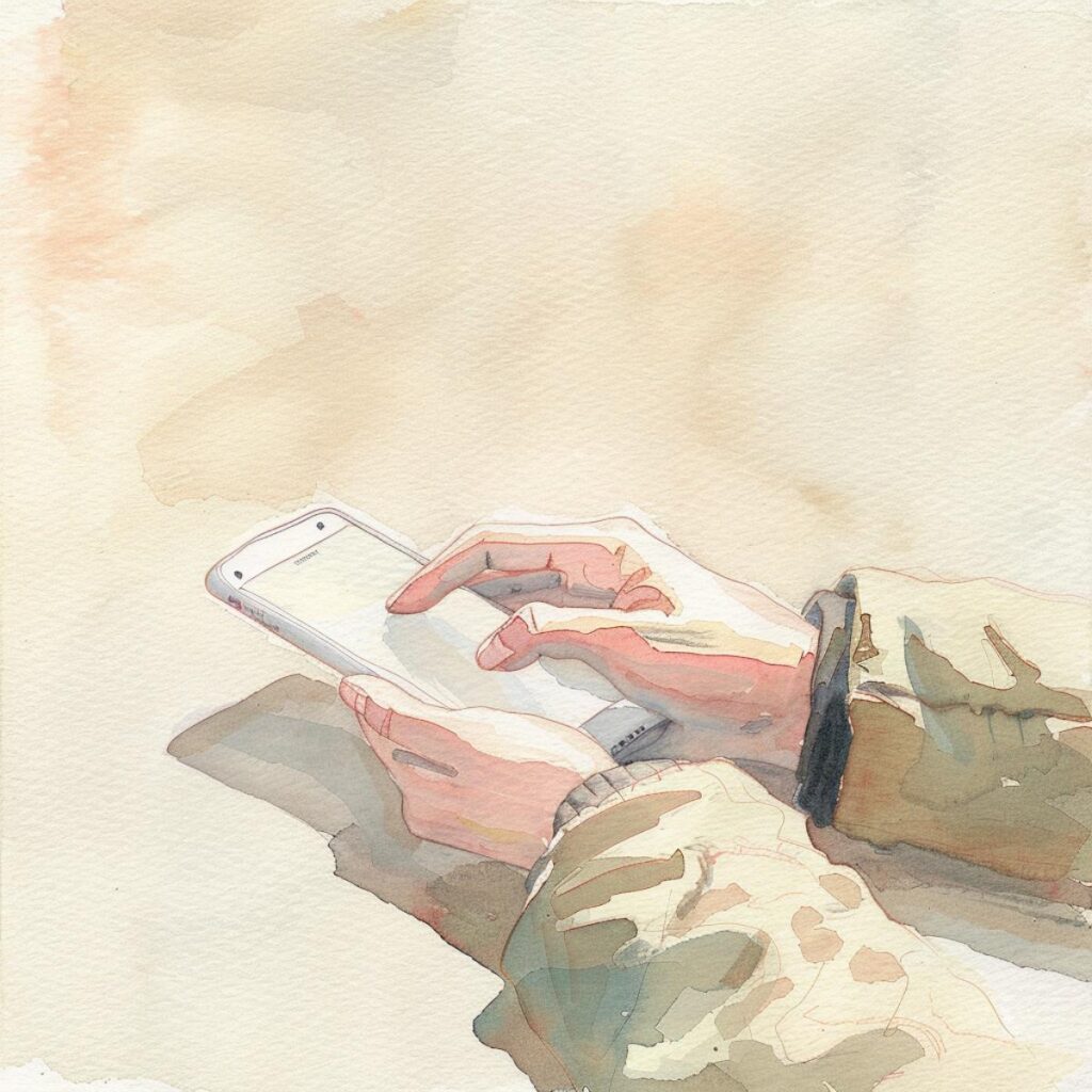 Quiet person using smartphone in a cozy setting for mindful living and minimalism.