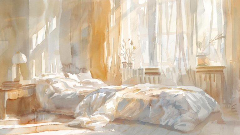 Sunlit cozy bedroom with soft bedding and natural wooden furniture.