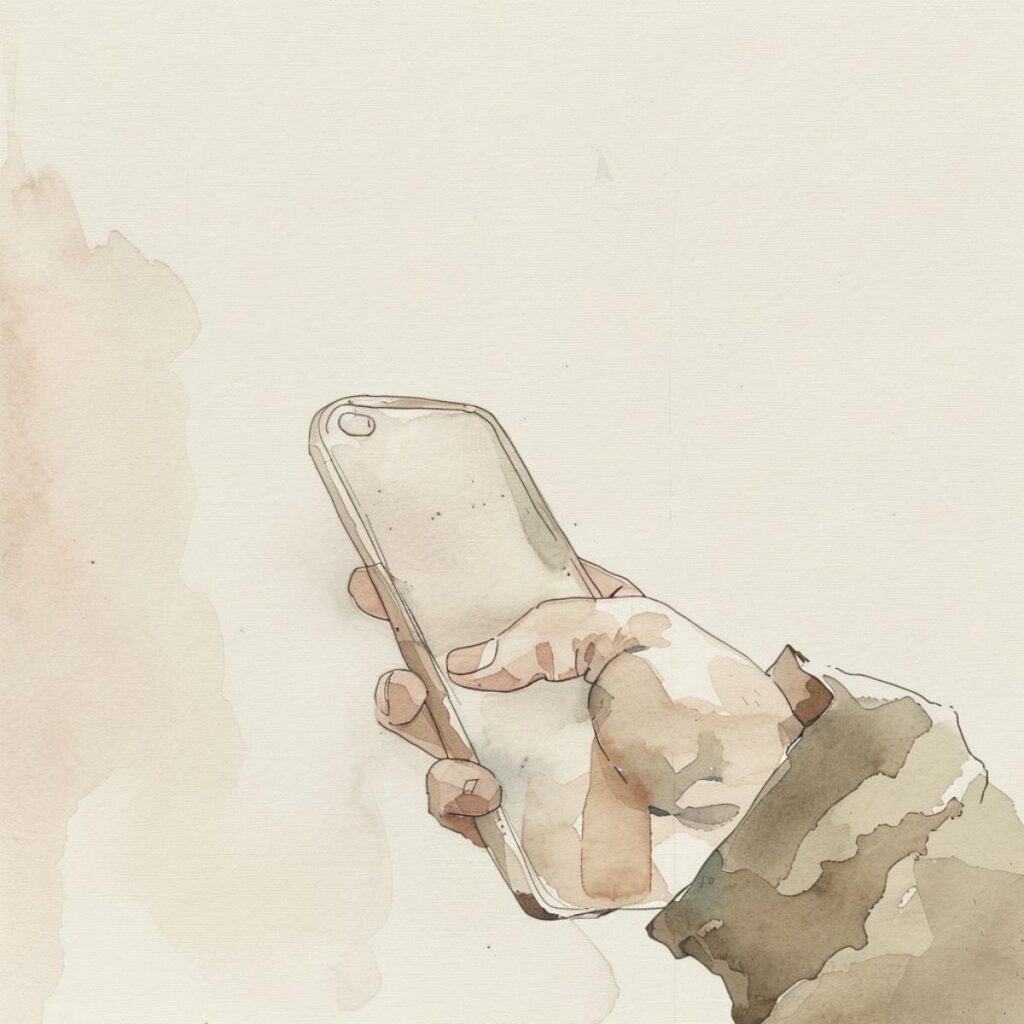 Hand holding smartphone with digital watercolor effect, modern minimalistic lifestyle, technology, and communication.