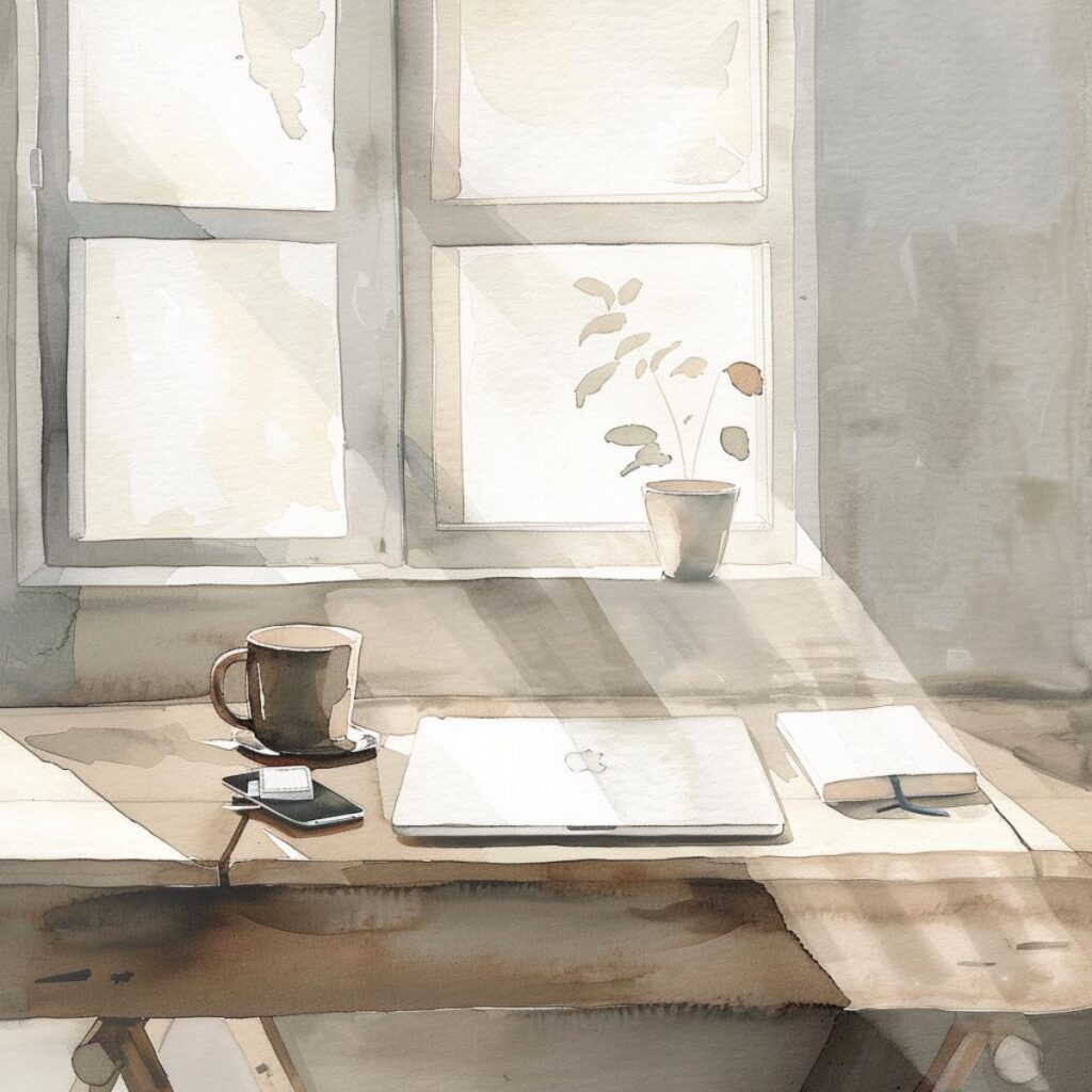 Cozy workspace with laptop, coffee mug, notebooks, and potted plant on a wooden desk by bright window.