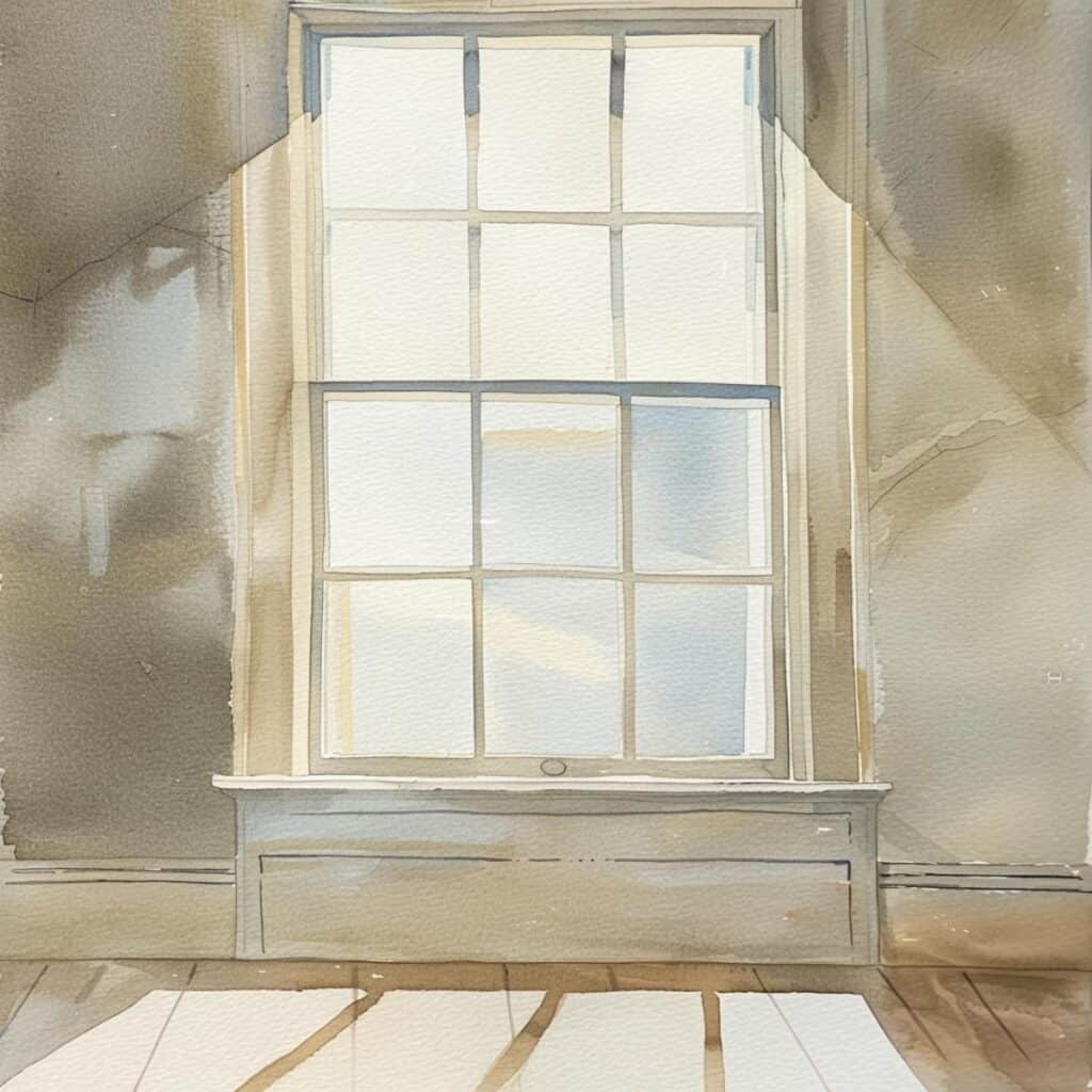 Bright white window with sunlight streaming in, creating a serene and minimalist interior atmosphere.