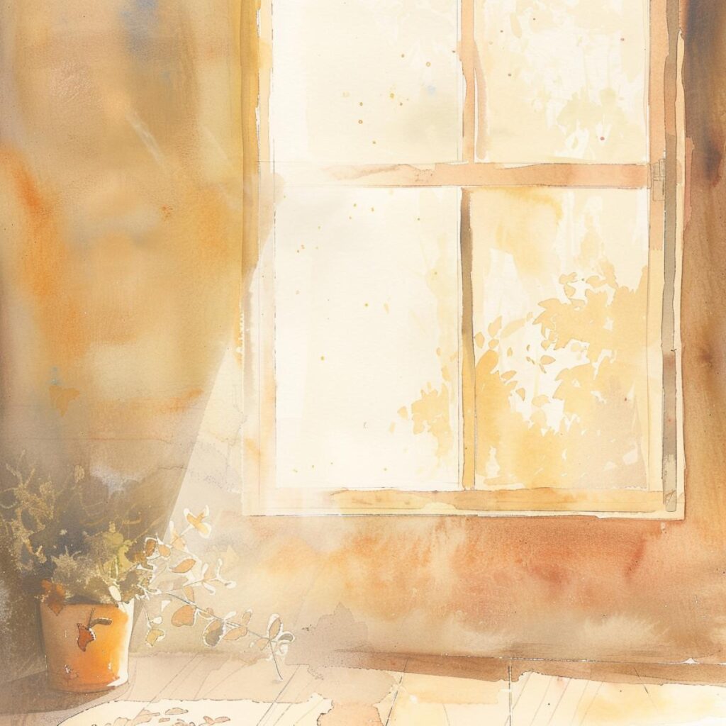 Sunlit rustic window with watercolor textures and warm natural tones.