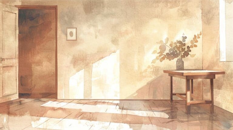 A cozy, minimalist interior with natural sunlight, a wooden table, and a simple vase with greenery.