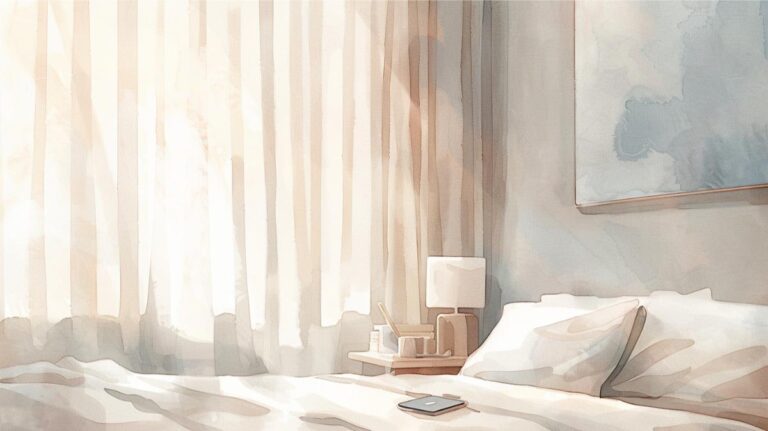 Bright bedroom with natural light, minimal decor, and cozy atmosphere for stress-free living.