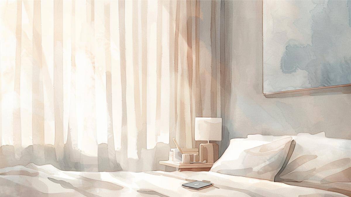 Bright bedroom with natural light, minimal decor, and cozy atmosphere for stress-free living.