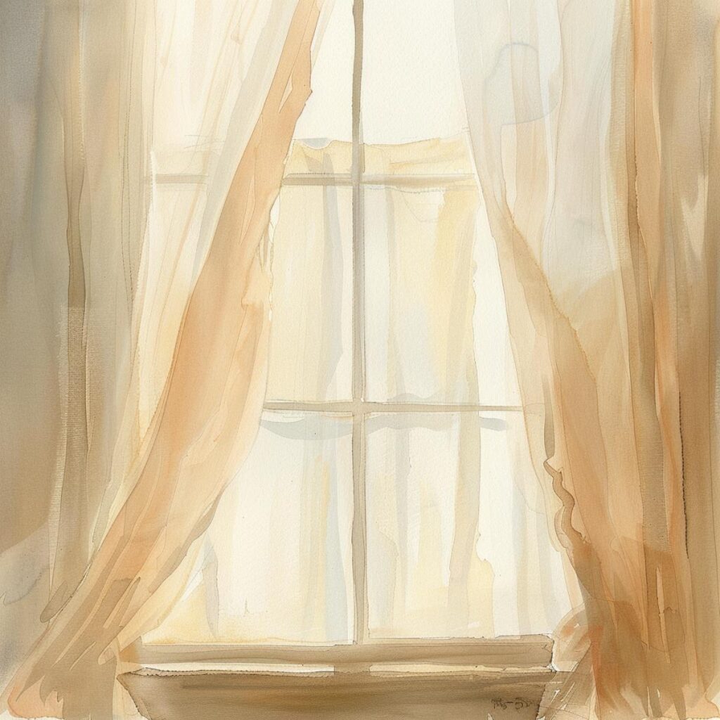 Soft beige curtains framing a bright window with natural sunlight pouring in, creating a cozy and inviting atmosphere.