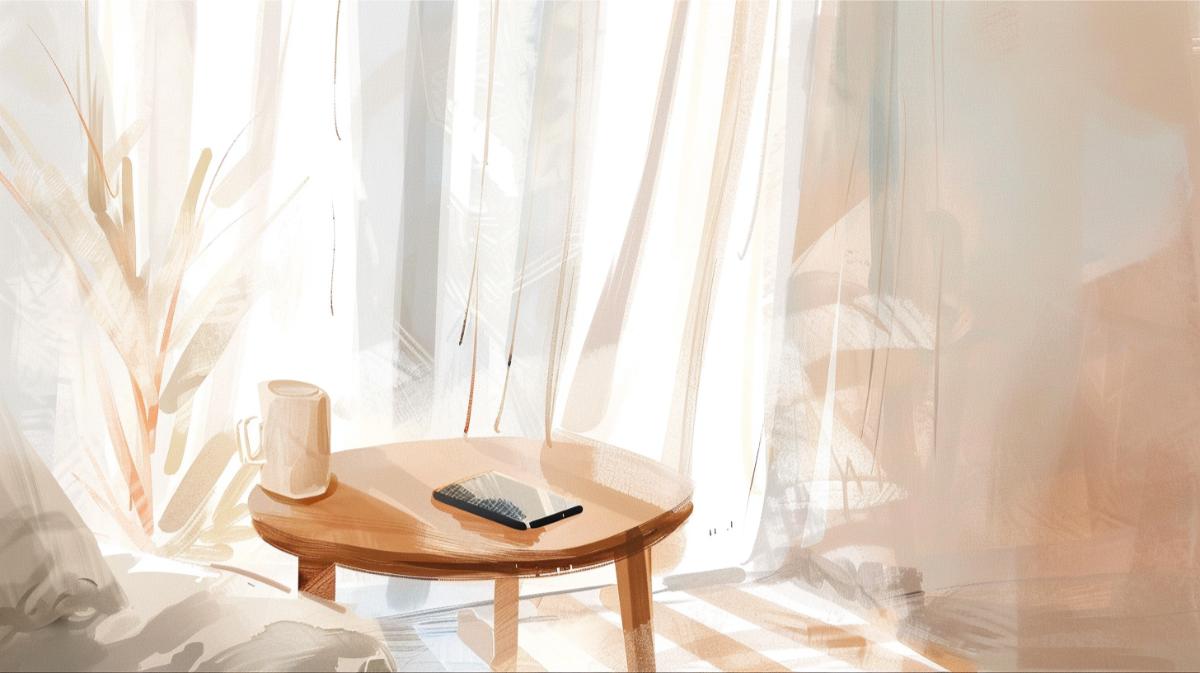 Soft morning sunlight filters through sheer curtains, illuminating cozy home decor for minimalist living.