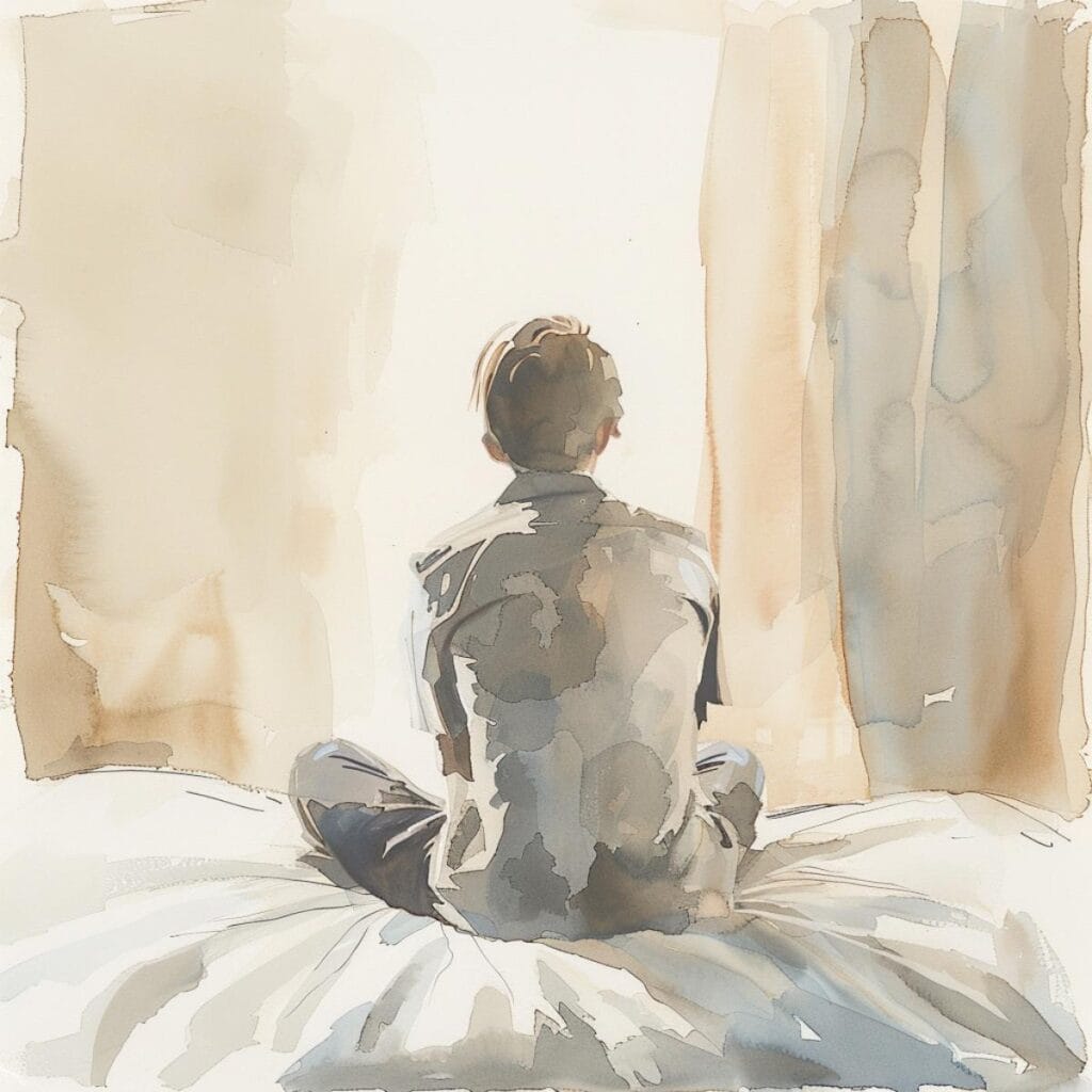 Calm person meditating in a bright, peaceful space for mindfulness and stress relief.