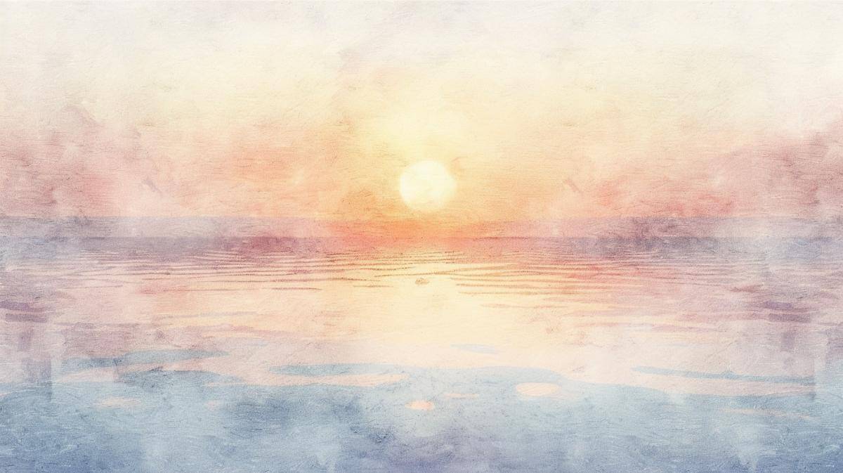 Tranquil watercolor sunrise over ocean, promoting peaceful living and mindfulness.