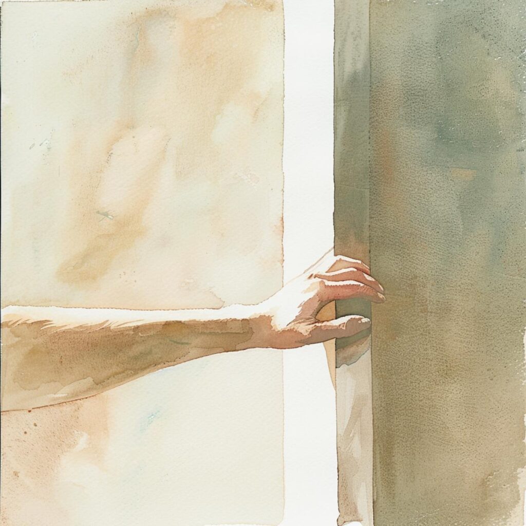 A hand resting on a door frame