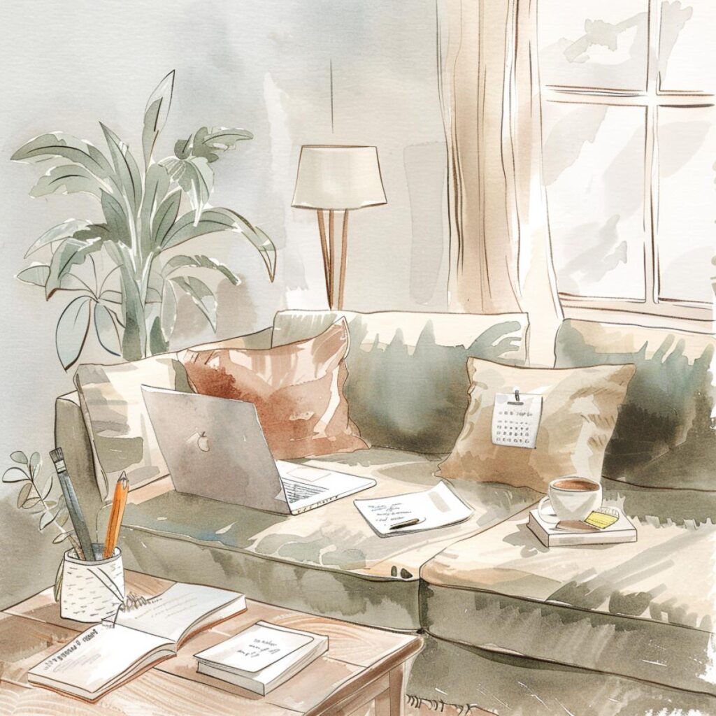 A living room with several notes